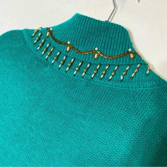 Vintage Victoria Jones Beaded Oversized Green Ramie Cotton Cowl Neck Sweater L - Picture 10 of 16